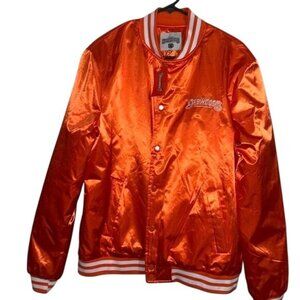 Dabwoods Orange Satin Bomber Jacket With Striped Ribbed Trim & Snap Buttons